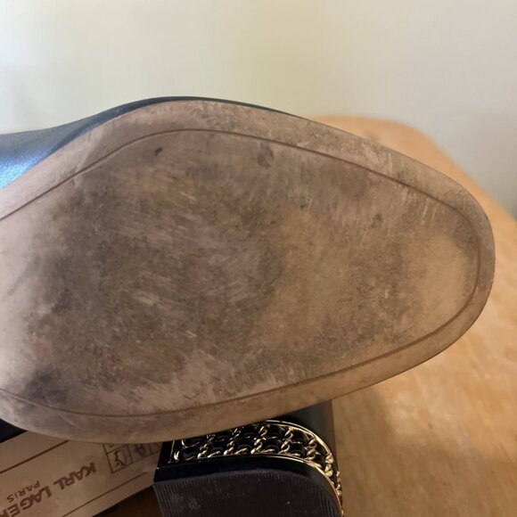 Karl Lagerfeld Paris Leather Heel Booties SZ 9.5 Black 3 In Heel Chain Decor - Picture 12 of 14